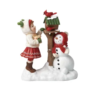 Bimba decorativa con renna e con pupazzo di neve, in poliresina.