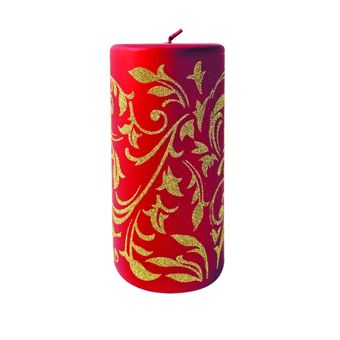 candela_cilindrica_con_de_2-1.webp Candela cilindrica con decorazione di foglie glitter oro, disponibile in diverse misure e colori.