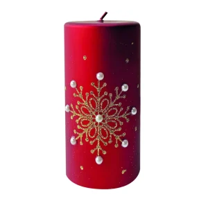 Candela cilindrica decorata con fiocco di neve glitterato e perle, disponibile in disponibile in diverse misure e colori.