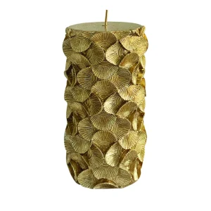 Candela cilindrica oro con petali scolpiti a rilievo, disponibile in diverse misure.