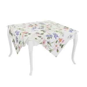 CENTROTAVOLA IN LINO E COTONE CON STAMPA FLOREALE E PIZZO APPLICATO