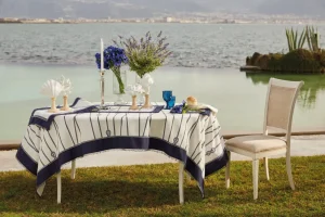 CENTROTAVOLA ZANTE PANAMA FIAMMATA CON STAMPA A CORDA E PASSAMANERIA LAVORATA A MANO