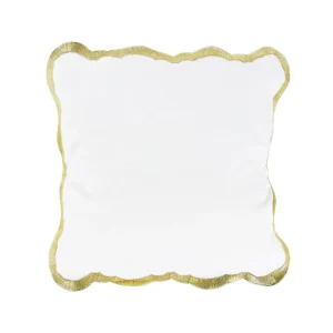 Copricuscino con bordo smerlato e ricamo oro