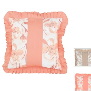 Cuscino arredo in lino e cotone con stampa floreale ed orlo a giorno