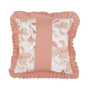 Cuscino arredo in lino e cotone con stampa floreale ed orlo a giorno