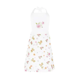 GREMBIULE LINO E COTONE CON STAMPE FLOREALI E PIZZO