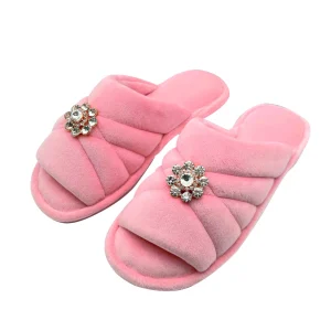 Pantofole donna antiscivolo in pelliccia con pietre a forma di fiore, disponibile in diverse misure e colori.