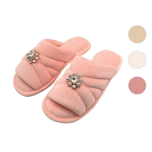 Pantofole donna antiscivolo in pelliccia con pietre a forma di fiore, disponibile in diverse misure e colori.