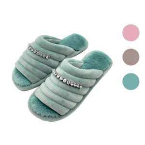 Pantofole donna antiscivolo in pelliccia e pietrine applicate, disponibile in diversi colori e misure.