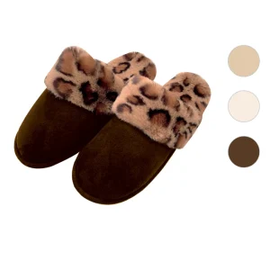 Pantofole donna antiscivolo con pelliccia leopardata, disponibile in diversi colori e misure.