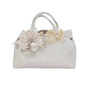 Porta torta in tessuto con fiore e fiocco applicati