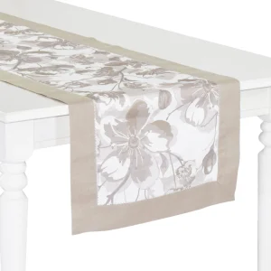 Runner in lino e cotone con stampa floreale ed orlo a giorno