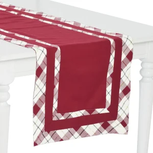 Runner tinta unita rossa o panna con doppio bordo applicato a quadri e filo lurex oro