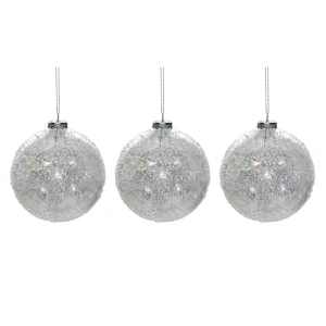 Set 3pz sfera vetro soffiato glitter bianco/oro