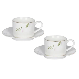 Set 4pz Thu00e8 Versailles con profilo oro e dipinto di fiori di tiglio e foglie, composto da 2 pz tazze + 2pz piattini.