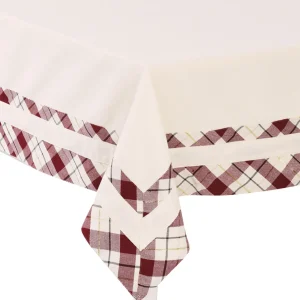 Tovaglia tinta unita disponibile in variante colore rosso o panna, con doppio bordo applicato a quadri e filo lurex oro ideale per le feste Natalizie