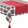 Tovaglia tinto filo tartan fondo panna con nappe ai 4 angoli + Runneru00a0 tinta unita rossa con orlo a giorno lavorati a mano