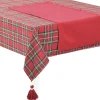Tovaglia tinto filo tartan fondo rosso con nappe ai 4 angoli + Runneru00a0 tinta unita rossa con orlo a giorno lavorati a mano