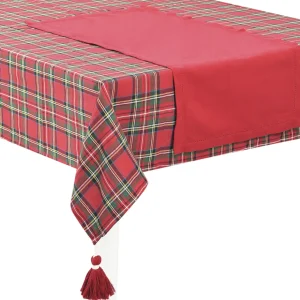 Tovaglia tinto filo tartan fondo rosso con nappe ai 4 angoli + Runneru00a0 tinta unita rossa con orlo a giorno lavorati a mano