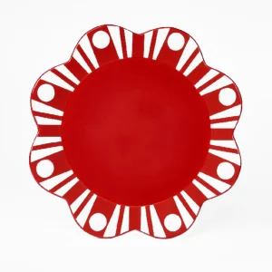 Vassoio decorativo tondo con bordo ondulato rosso, in poliresina.